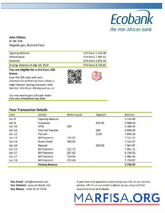 Blank Burkina Faso Ecobank bank statement word download for verification